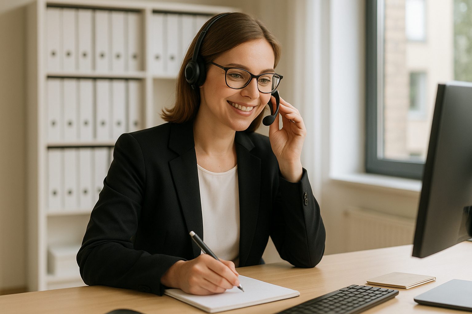 Bürokauffrau mit Headset am Telefon in einem hellen Büro – klassischer Sekretariatsservice