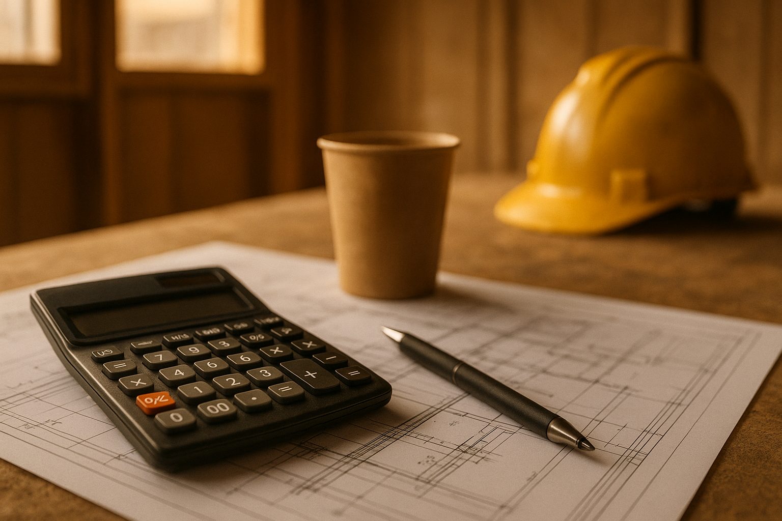 Taschenrechner und Bauplan auf einem Tisch – Kostenkalkulation im Handwerk