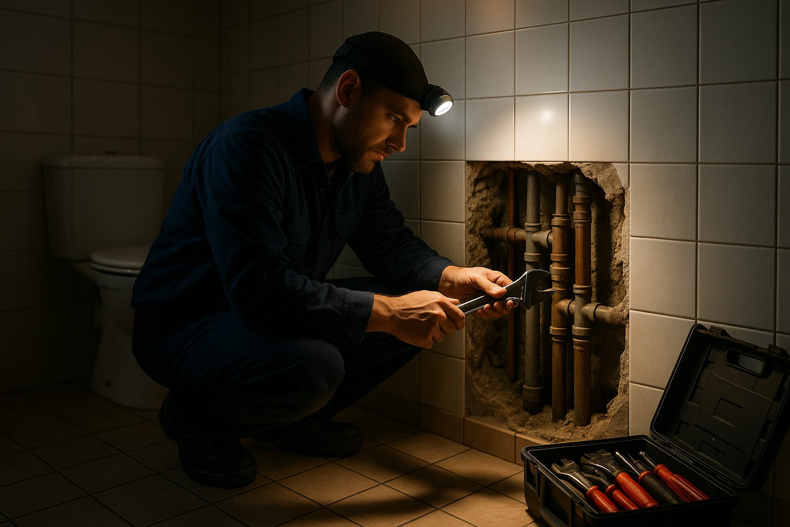 SHK-Monteur bei der Arbeit an Wasserleitungen