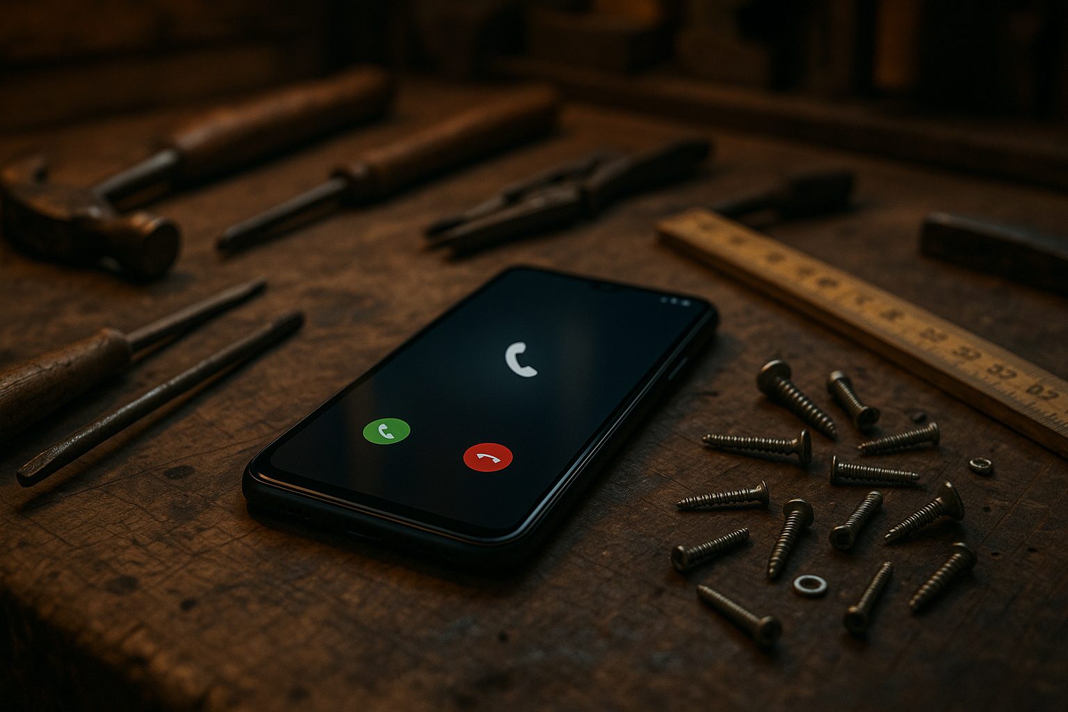 Eingehender Anruf auf einem Smartphone in einer leeren Werkstatt – die Mailbox springt an